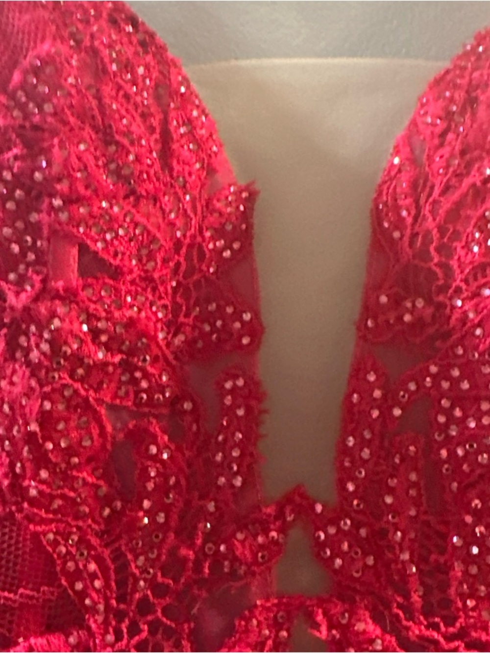 Clarisse Red Lace Beaded Spaghetti Strap Prom Gown - Picture 2 of 7